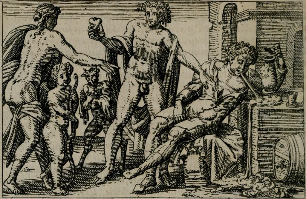 An illustration from Aereoplastes theo-sophicus, sive, Eicones mysticae : rarâ solertiâ, ac sagacitate singulari effictae eæq́[ue] æri incisæ : integram veræ theosophias rationem mirâ dexteritate adumbrantes : euolutione Latinâ ex Sacris Scripturis, sanctis patribus, philosophis, oratoribus, historicis ac poëtis tàm Græcis quàm Latinis Christianis iuxtà atq[ue]; gentibus nunc illuminatæ, ac bonorum bono editæ, 1620, leaf 107