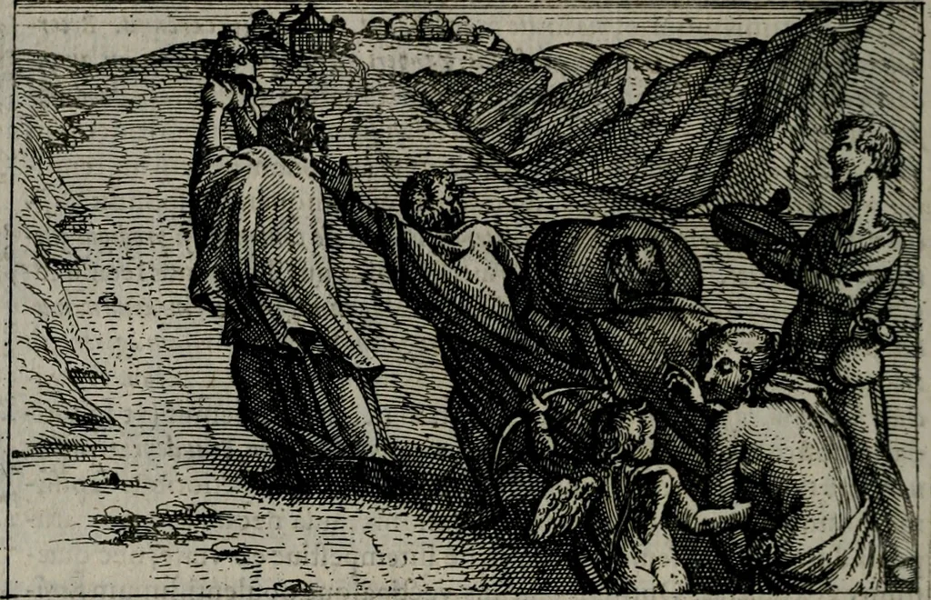 An illustration from Aereoplastes theo-sophicus, sive, Eicones mysticae : rarâ solertiâ, ac sagacitate singulari effictae eæq́[ue] æri incisæ : integram veræ theosophias rationem mirâ dexteritate adumbrantes : euolutione Latinâ ex Sacris Scripturis, sanctis patribus, philosophis, oratoribus, historicis ac poëtis tàm Græcis quàm Latinis Christianis iuxtà atq[ue]; gentibus nunc illuminatæ, ac bonorum bono editæ, 1620, leaf 113