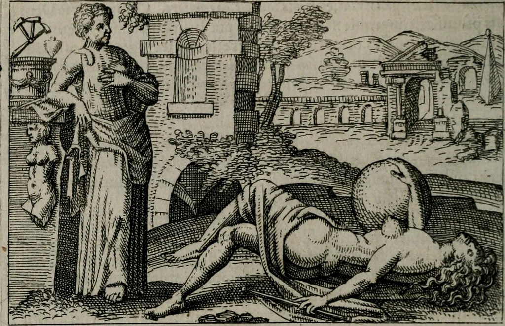 An illustration from Aereoplastes theo-sophicus, sive, Eicones mysticae : rarâ solertiâ, ac sagacitate singulari effictae eæq́[ue] æri incisæ : integram veræ theosophias rationem mirâ dexteritate adumbrantes : euolutione Latinâ ex Sacris Scripturis, sanctis patribus, philosophis, oratoribus, historicis ac poëtis tàm Græcis quàm Latinis Christianis iuxtà atq[ue]; gentibus nunc illuminatæ, ac bonorum bono editæ, 1620, leaf 115
