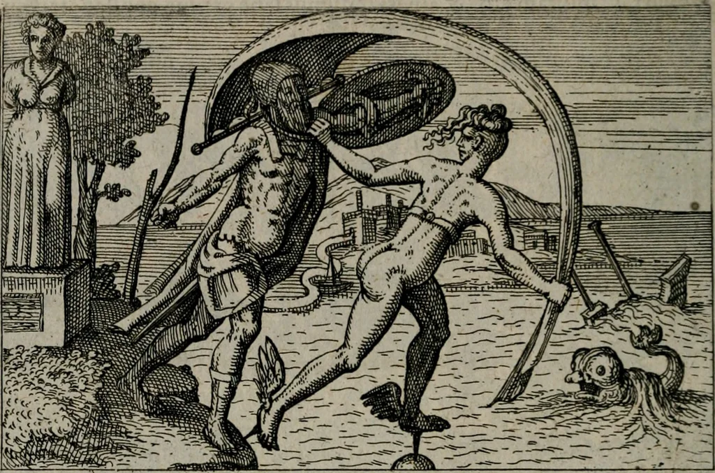 An illustration from Aereoplastes theo-sophicus, sive, Eicones mysticae : rarâ solertiâ, ac sagacitate singulari effictae eæq́[ue] æri incisæ : integram veræ theosophias rationem mirâ dexteritate adumbrantes : euolutione Latinâ ex Sacris Scripturis, sanctis patribus, philosophis, oratoribus, historicis ac poëtis tàm Græcis quàm Latinis Christianis iuxtà atq[ue]; gentibus nunc illuminatæ, ac bonorum bono editæ, 1620, leaf 117