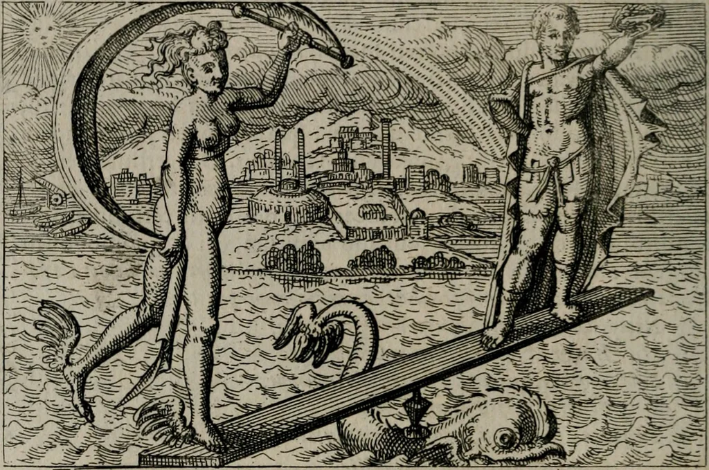 An illustration from Aereoplastes theo-sophicus, sive, Eicones mysticae : rarâ solertiâ, ac sagacitate singulari effictae eæq́[ue] æri incisæ : integram veræ theosophias rationem mirâ dexteritate adumbrantes : euolutione Latinâ ex Sacris Scripturis, sanctis patribus, philosophis, oratoribus, historicis ac poëtis tàm Græcis quàm Latinis Christianis iuxtà atq[ue]; gentibus nunc illuminatæ, ac bonorum bono editæ, 1620, leaf 121