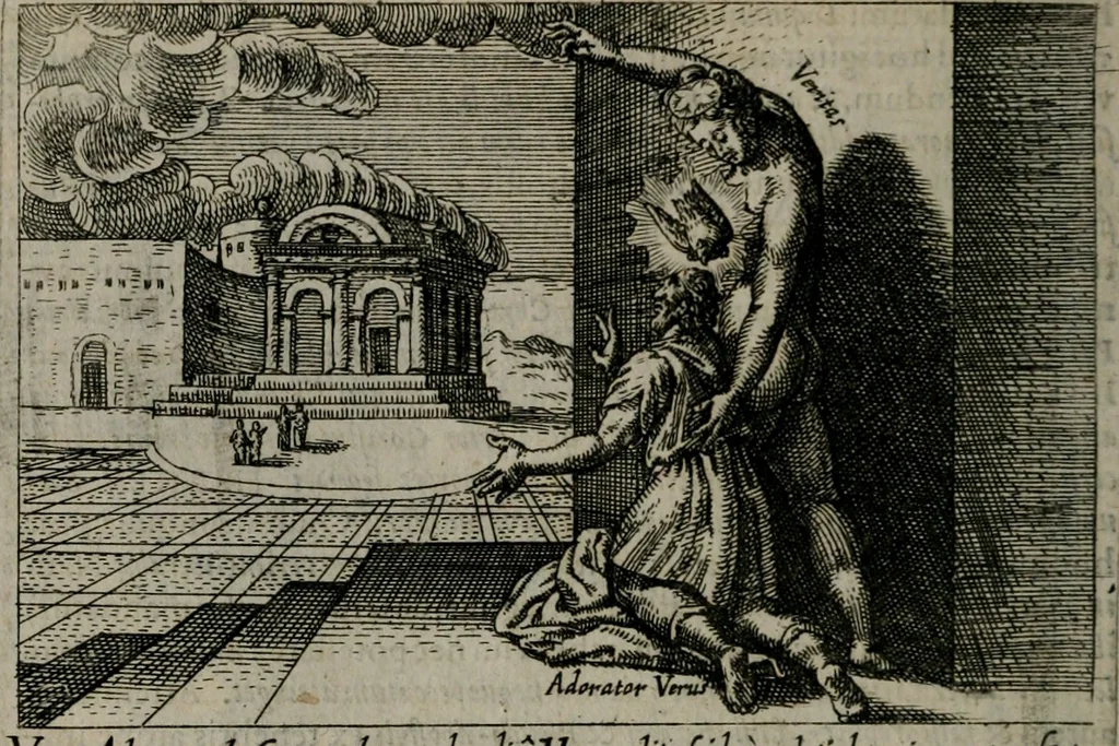 An illustration from Aereoplastes theo-sophicus, sive, Eicones mysticae : rarâ solertiâ, ac sagacitate singulari effictae eæq́[ue] æri incisæ : integram veræ theosophias rationem mirâ dexteritate adumbrantes : euolutione Latinâ ex Sacris Scripturis, sanctis patribus, philosophis, oratoribus, historicis ac poëtis tàm Græcis quàm Latinis Christianis iuxtà atq[ue]; gentibus nunc illuminatæ, ac bonorum bono editæ, 1620, leaf 163