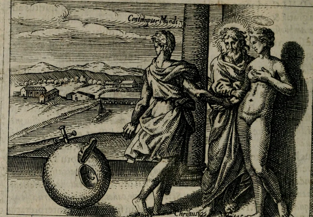 An illustration from Aereoplastes theo-sophicus, sive, Eicones mysticae : rarâ solertiâ, ac sagacitate singulari effictae eæq́[ue] æri incisæ : integram veræ theosophias rationem mirâ dexteritate adumbrantes : euolutione Latinâ ex Sacris Scripturis, sanctis patribus, philosophis, oratoribus, historicis ac poëtis tàm Græcis quàm Latinis Christianis iuxtà atq[ue]; gentibus nunc illuminatæ, ac bonorum bono editæ, 1620, leaf 165