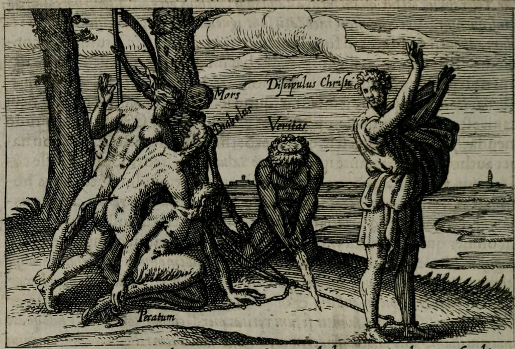 An illustration from Aereoplastes theo-sophicus, sive, Eicones mysticae : rarâ solertiâ, ac sagacitate singulari effictae eæq́[ue] æri incisæ : integram veræ theosophias rationem mirâ dexteritate adumbrantes : euolutione Latinâ ex Sacris Scripturis, sanctis patribus, philosophis, oratoribus, historicis ac poëtis tàm Græcis quàm Latinis Christianis iuxtà atq[ue]; gentibus nunc illuminatæ, ac bonorum bono editæ, 1620, leaf 169