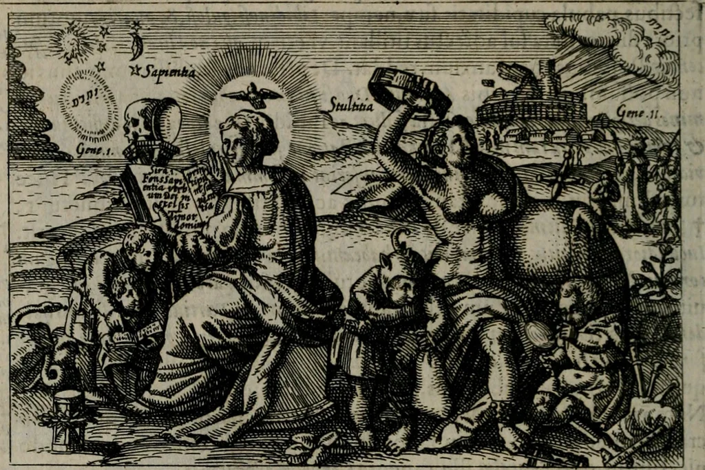 An illustration from Aereoplastes theo-sophicus, sive, Eicones mysticae : rarâ solertiâ, ac sagacitate singulari effictae eæq́[ue] æri incisæ : integram veræ theosophias rationem mirâ dexteritate adumbrantes : euolutione Latinâ ex Sacris Scripturis, sanctis patribus, philosophis, oratoribus, historicis ac poëtis tàm Græcis quàm Latinis Christianis iuxtà atq[ue]; gentibus nunc illuminatæ, ac bonorum bono editæ, 1620, leaf 173