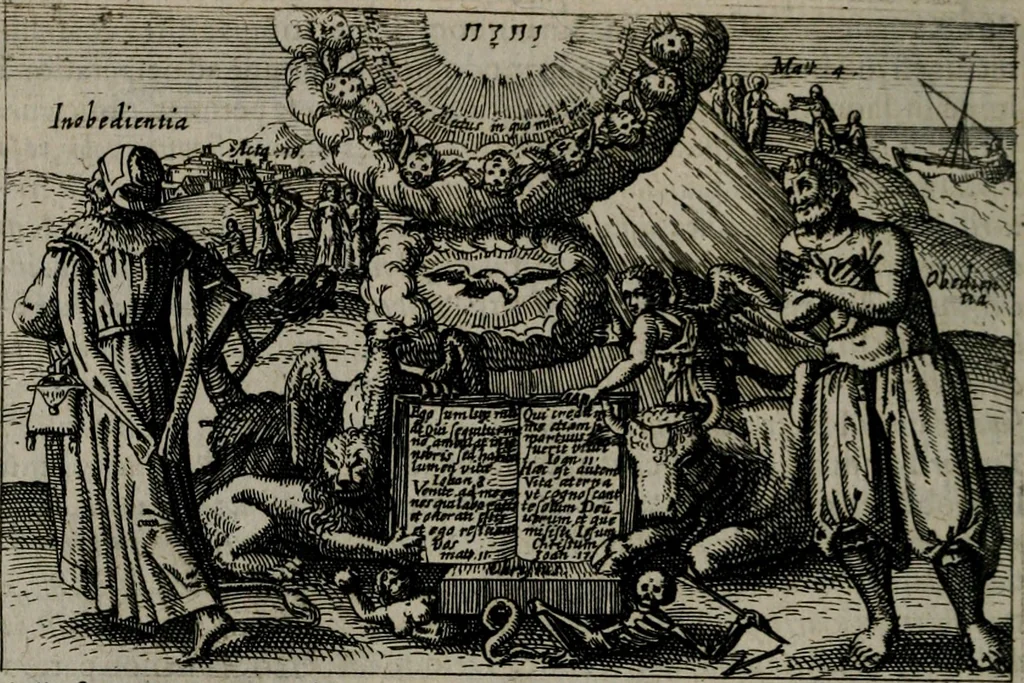 An illustration from Aereoplastes theo-sophicus, sive, Eicones mysticae : rarâ solertiâ, ac sagacitate singulari effictae eæq́[ue] æri incisæ : integram veræ theosophias rationem mirâ dexteritate adumbrantes : euolutione Latinâ ex Sacris Scripturis, sanctis patribus, philosophis, oratoribus, historicis ac poëtis tàm Græcis quàm Latinis Christianis iuxtà atq[ue]; gentibus nunc illuminatæ, ac bonorum bono editæ, 1620, leaf 185