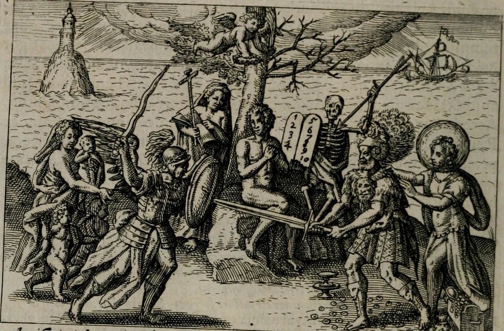 An illustration from Aereoplastes theo-sophicus, sive, Eicones mysticae : rarâ solertiâ, ac sagacitate singulari effictae eæq́[ue] æri incisæ : integram veræ theosophias rationem mirâ dexteritate adumbrantes : euolutione Latinâ ex Sacris Scripturis, sanctis patribus, philosophis, oratoribus, historicis ac poëtis tàm Græcis quàm Latinis Christianis iuxtà atq[ue]; gentibus nunc illuminatæ, ac bonorum bono editæ, 1620, leaf 193