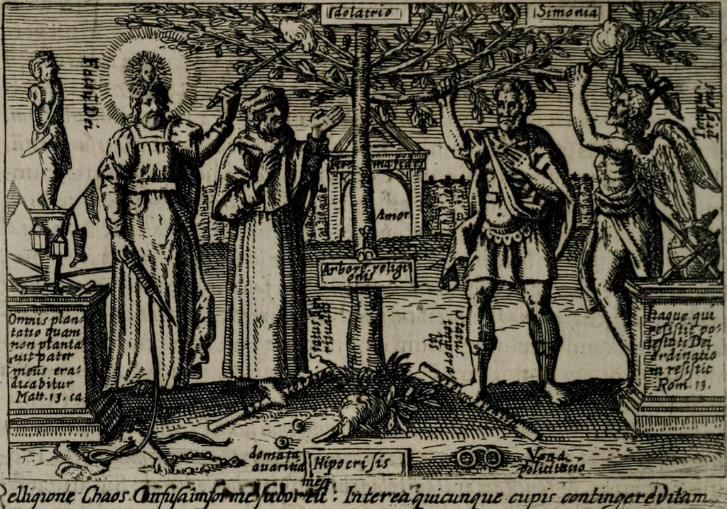 An illustration from Aereoplastes theo-sophicus, sive, Eicones mysticae : rarâ solertiâ, ac sagacitate singulari effictae eæq́[ue] æri incisæ : integram veræ theosophias rationem mirâ dexteritate adumbrantes : euolutione Latinâ ex Sacris Scripturis, sanctis patribus, philosophis, oratoribus, historicis ac poëtis tàm Græcis quàm Latinis Christianis iuxtà atq[ue]; gentibus nunc illuminatæ, ac bonorum bono editæ, 1620, leaf 195