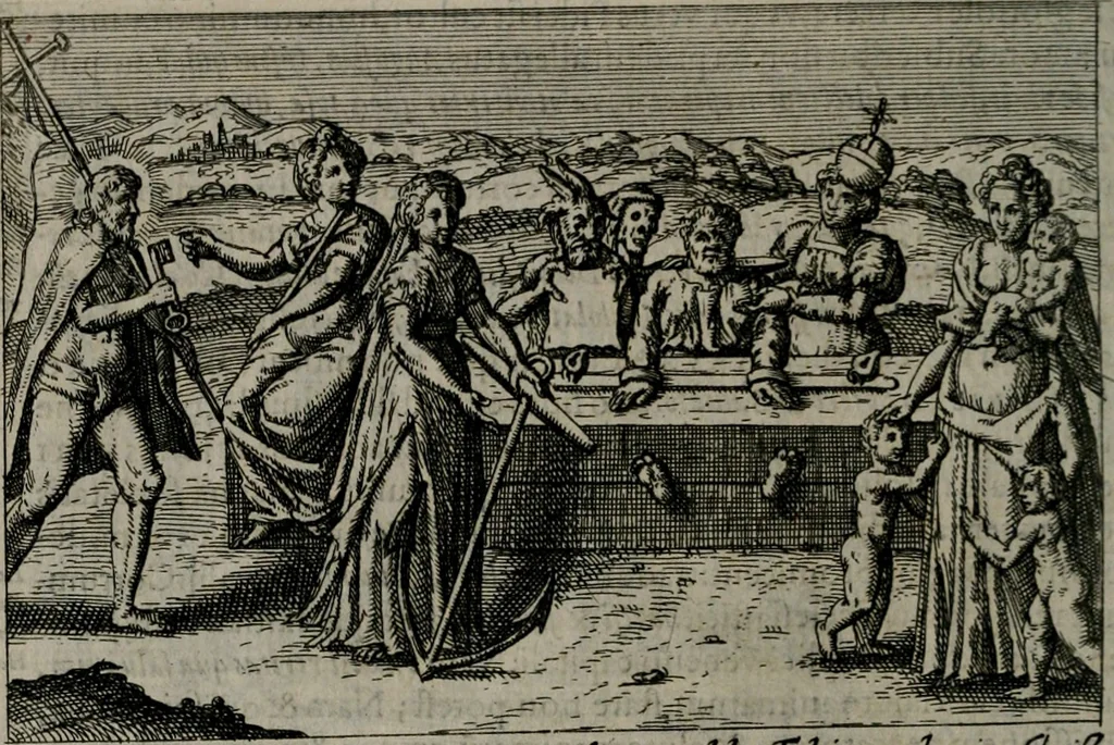 An illustration from Aereoplastes theo-sophicus, sive, Eicones mysticae : rarâ solertiâ, ac sagacitate singulari effictae eæq́[ue] æri incisæ : integram veræ theosophias rationem mirâ dexteritate adumbrantes : euolutione Latinâ ex Sacris Scripturis, sanctis patribus, philosophis, oratoribus, historicis ac poëtis tàm Græcis quàm Latinis Christianis iuxtà atq[ue]; gentibus nunc illuminatæ, ac bonorum bono editæ, 1620, leaf 197