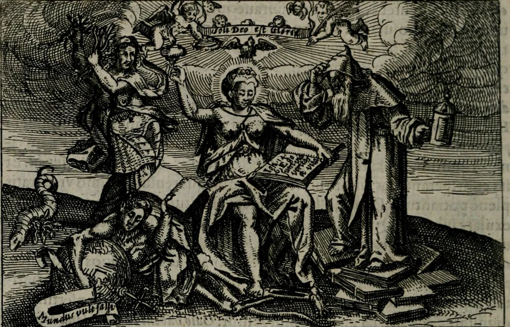 An illustration from Aereoplastes theo-sophicus, sive, Eicones mysticae : rarâ solertiâ, ac sagacitate singulari effictae eæq́[ue] æri incisæ : integram veræ theosophias rationem mirâ dexteritate adumbrantes : euolutione Latinâ ex Sacris Scripturis, sanctis patribus, philosophis, oratoribus, historicis ac poëtis tàm Græcis quàm Latinis Christianis iuxtà atq[ue]; gentibus nunc illuminatæ, ac bonorum bono editæ, 1620, leaf 199