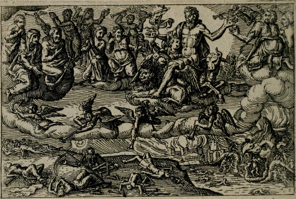 An illustration from Aereoplastes theo-sophicus, sive, Eicones mysticae : rarâ solertiâ, ac sagacitate singulari effictae eæq́[ue] æri incisæ : integram veræ theosophias rationem mirâ dexteritate adumbrantes : euolutione Latinâ ex Sacris Scripturis, sanctis patribus, philosophis, oratoribus, historicis ac poëtis tàm Græcis quàm Latinis Christianis iuxtà atq[ue]; gentibus nunc illuminatæ, ac bonorum bono editæ, 1620, leaf 215