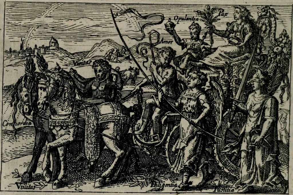 An illustration from Aereoplastes theo-sophicus, sive, Eicones mysticae : rarâ solertiâ, ac sagacitate singulari effictae eæq́[ue] æri incisæ : integram veræ theosophias rationem mirâ dexteritate adumbrantes : euolutione Latinâ ex Sacris Scripturis, sanctis patribus, philosophis, oratoribus, historicis ac poëtis tàm Græcis quàm Latinis Christianis iuxtà atq[ue]; gentibus nunc illuminatæ, ac bonorum bono editæ, 1620, leaf 37