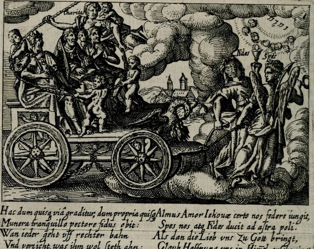 An illustration from Aereoplastes theo-sophicus, sive, Eicones mysticae : rarâ solertiâ, ac sagacitate singulari effictae eæq́[ue] æri incisæ : integram veræ theosophias rationem mirâ dexteritate adumbrantes : euolutione Latinâ ex Sacris Scripturis, sanctis patribus, philosophis, oratoribus, historicis ac poëtis tàm Græcis quàm Latinis Christianis iuxtà atq[ue]; gentibus nunc illuminatæ, ac bonorum bono editæ, 1620, leaf 45