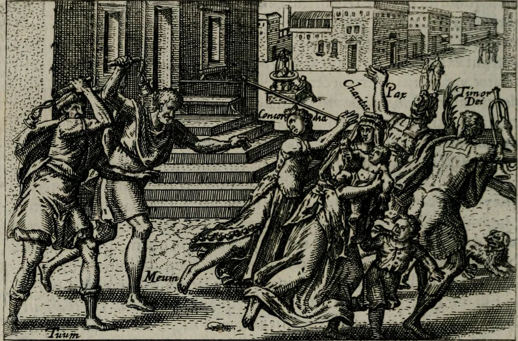 An illustration from Aereoplastes theo-sophicus, sive, Eicones mysticae : rarâ solertiâ, ac sagacitate singulari effictae eæq́[ue] æri incisæ : integram veræ theosophias rationem mirâ dexteritate adumbrantes : euolutione Latinâ ex Sacris Scripturis, sanctis patribus, philosophis, oratoribus, historicis ac poëtis tàm Græcis quàm Latinis Christianis iuxtà atq[ue]; gentibus nunc illuminatæ, ac bonorum bono editæ, 1620, leaf 47