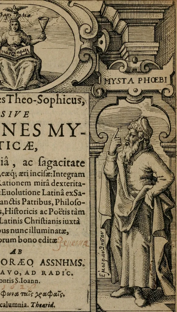 An illustration from Aereoplastes theo-sophicus, sive, Eicones mysticae : rarâ solertiâ, ac sagacitate singulari effictae eæq́[ue] æri incisæ : integram veræ theosophias rationem mirâ dexteritate adumbrantes : euolutione Latinâ ex Sacris Scripturis, sanctis patribus, philosophis, oratoribus, historicis ac poëtis tàm Græcis quàm Latinis Christianis iuxtà atq[ue]; gentibus nunc illuminatæ, ac bonorum bono editæ, 1620, leaf 6