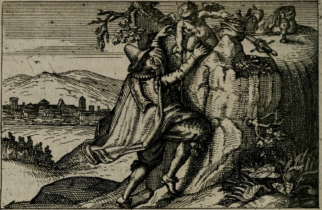 An illustration from Aereoplastes theo-sophicus, sive, Eicones mysticae : rarâ solertiâ, ac sagacitate singulari effictae eæq́[ue] æri incisæ : integram veræ theosophias rationem mirâ dexteritate adumbrantes : euolutione Latinâ ex Sacris Scripturis, sanctis patribus, philosophis, oratoribus, historicis ac poëtis tàm Græcis quàm Latinis Christianis iuxtà atq[ue]; gentibus nunc illuminatæ, ac bonorum bono editæ, 1620, leaf 65