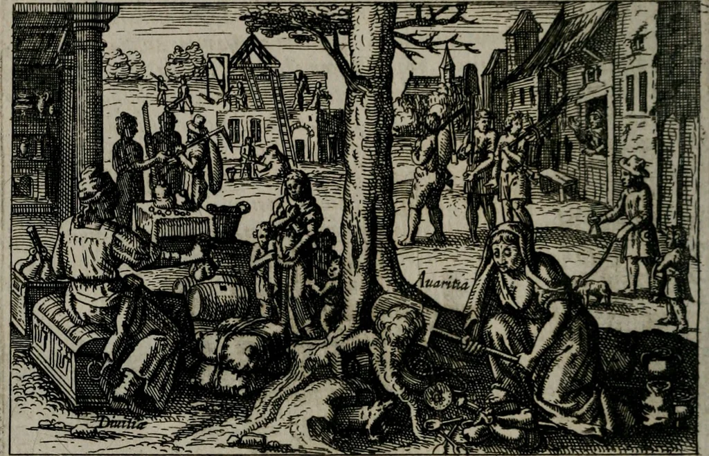 An illustration from Aereoplastes theo-sophicus, sive, Eicones mysticae : rarâ solertiâ, ac sagacitate singulari effictae eæq́[ue] æri incisæ : integram veræ theosophias rationem mirâ dexteritate adumbrantes : euolutione Latinâ ex Sacris Scripturis, sanctis patribus, philosophis, oratoribus, historicis ac poëtis tàm Græcis quàm Latinis Christianis iuxtà atq[ue]; gentibus nunc illuminatæ, ac bonorum bono editæ, 1620, leaf 71