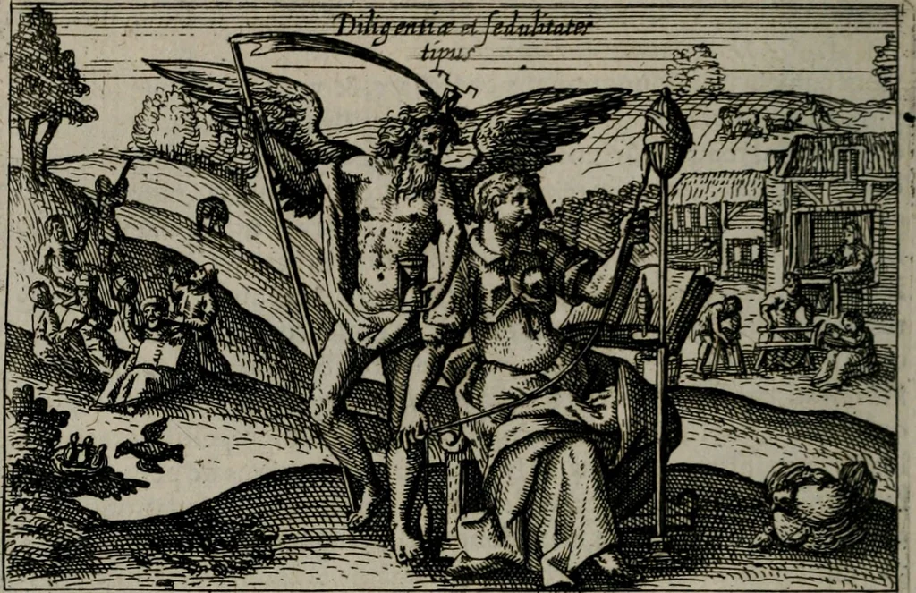 An illustration from Aereoplastes theo-sophicus, sive, Eicones mysticae : rarâ solertiâ, ac sagacitate singulari effictae eæq́[ue] æri incisæ : integram veræ theosophias rationem mirâ dexteritate adumbrantes : euolutione Latinâ ex Sacris Scripturis, sanctis patribus, philosophis, oratoribus, historicis ac poëtis tàm Græcis quàm Latinis Christianis iuxtà atq[ue]; gentibus nunc illuminatæ, ac bonorum bono editæ, 1620, leaf 79