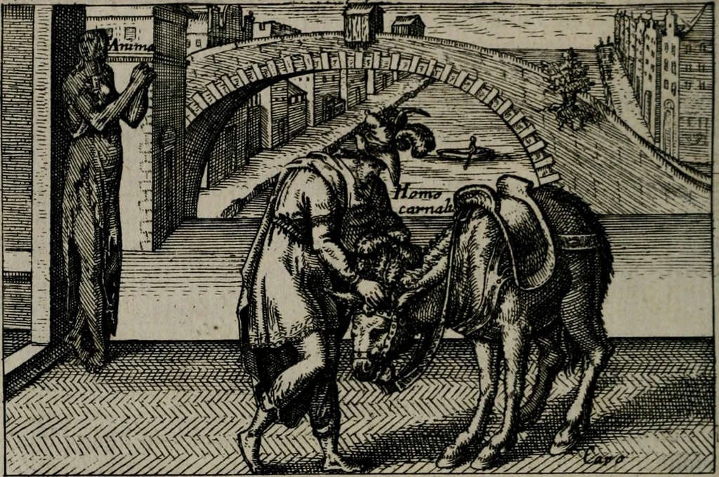 An illustration from Aereoplastes theo-sophicus, sive, Eicones mysticae : rarâ solertiâ, ac sagacitate singulari effictae eæq́[ue] æri incisæ : integram veræ theosophias rationem mirâ dexteritate adumbrantes : euolutione Latinâ ex Sacris Scripturis, sanctis patribus, philosophis, oratoribus, historicis ac poëtis tàm Græcis quàm Latinis Christianis iuxtà atq[ue]; gentibus nunc illuminatæ, ac bonorum bono editæ, 1620, leaf 95