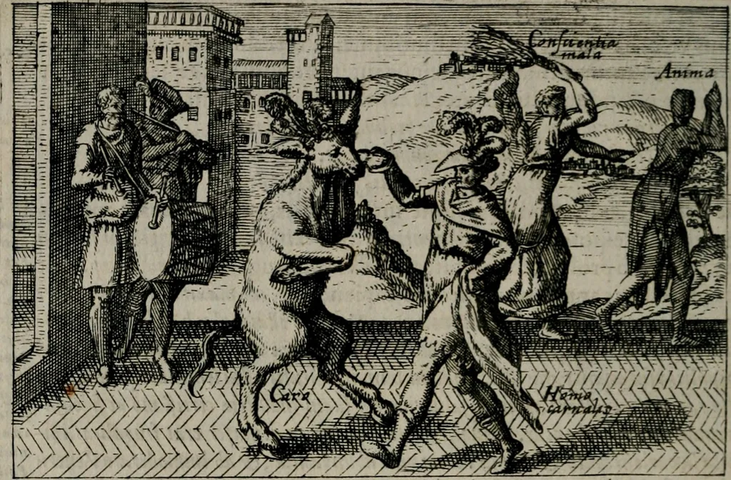 An illustration from Aereoplastes theo-sophicus, sive, Eicones mysticae : rarâ solertiâ, ac sagacitate singulari effictae eæq́[ue] æri incisæ : integram veræ theosophias rationem mirâ dexteritate adumbrantes : euolutione Latinâ ex Sacris Scripturis, sanctis patribus, philosophis, oratoribus, historicis ac poëtis tàm Græcis quàm Latinis Christianis iuxtà atq[ue]; gentibus nunc illuminatæ, ac bonorum bono editæ, 1620, leaf 99