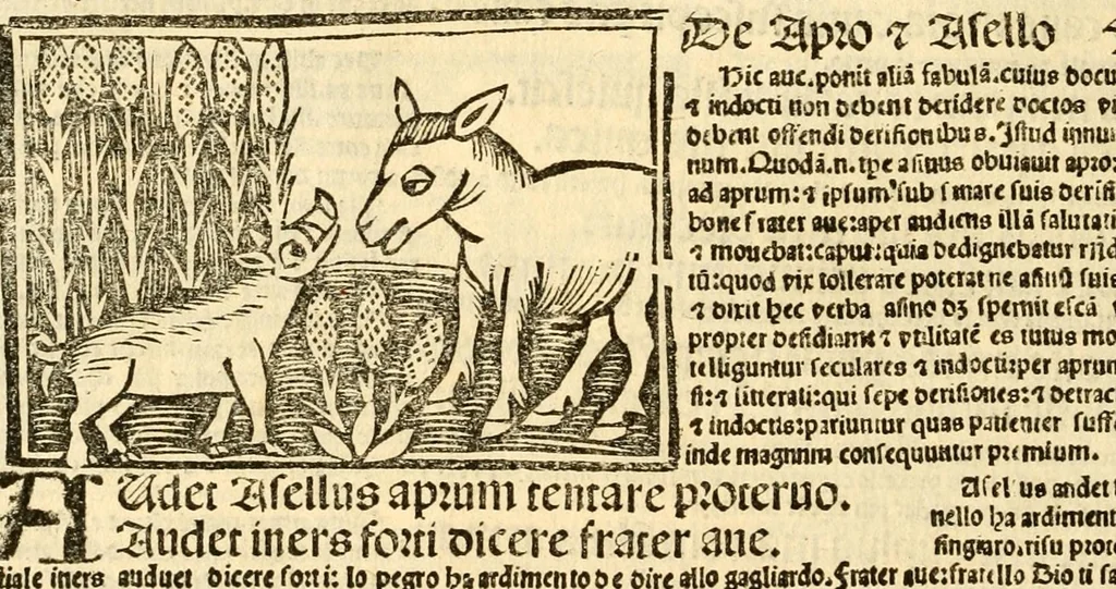 An illustration from Aesopi fabvlae cvm vvlgari interpretatione : et figuris nouissime omni cura, & diligentia emendatae, 1557, leaf 28