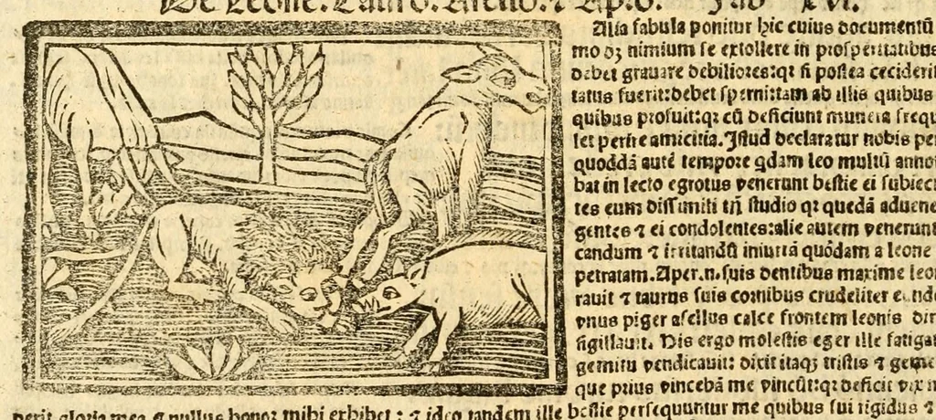 An illustration from Aesopi fabvlae cvm vvlgari interpretatione : et figuris nouissime omni cura, & diligentia emendatae, 1557, leaf 32