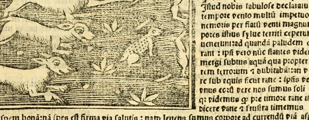 An illustration from Aesopi fabvlae cvm vvlgari interpretatione : et figuris nouissime omni cura, & diligentia emendatae, 1557, leaf 43