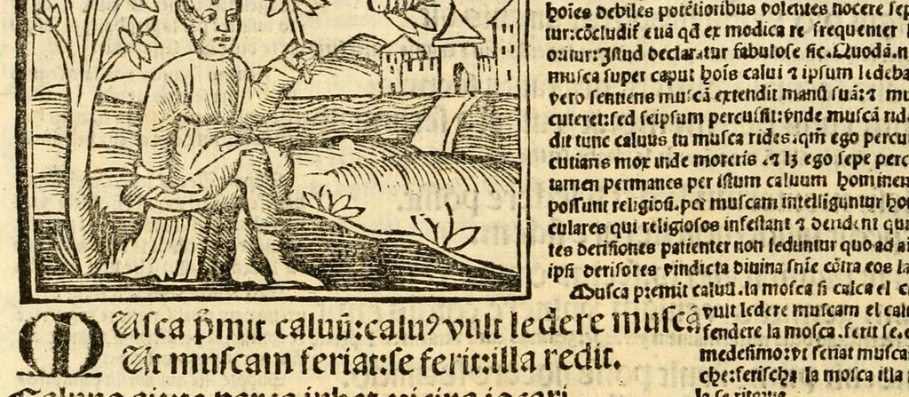An illustration from Aesopi fabvlae cvm vvlgari interpretatione : et figuris nouissime omni cura, & diligentia emendatae, 1557, leaf 46