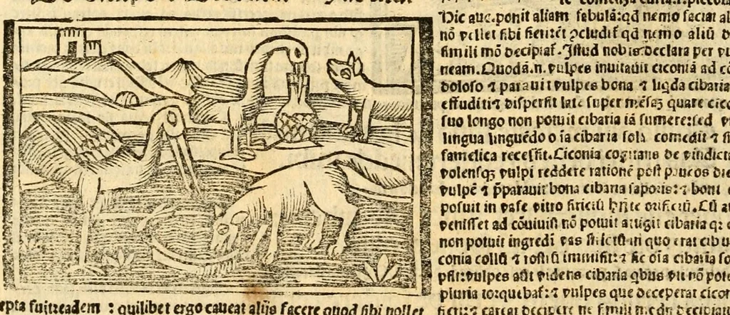 An illustration from Aesopi fabvlae cvm vvlgari interpretatione : et figuris nouissime omni cura, & diligentia emendatae, 1557, leaf 46