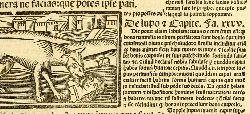 An illustration from Aesopi fabvlae cvm vvlgari interpretatione : et figuris nouissime omni cura, & diligentia emendatae, 1557, leaf 47