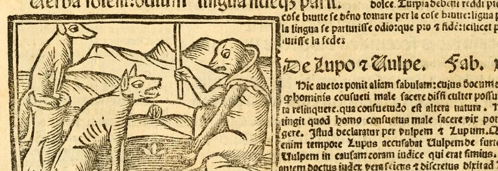 An illustration from Aesopi fabvlae cvm vvlgari interpretatione : et figuris nouissime omni cura, & diligentia emendatae, 1557, leaf 50