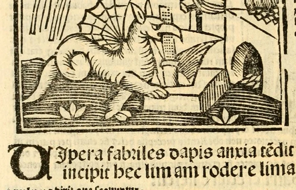 An illustration from Aesopi fabvlae cvm vvlgari interpretatione : et figuris nouissime omni cura, & diligentia emendatae, 1557, leaf 64