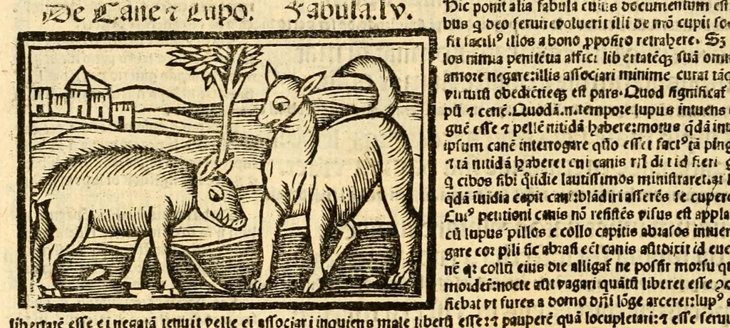 An illustration from Aesopi fabvlae cvm vvlgari interpretatione : et figuris nouissime omni cura, & diligentia emendatae, 1557, leaf 66