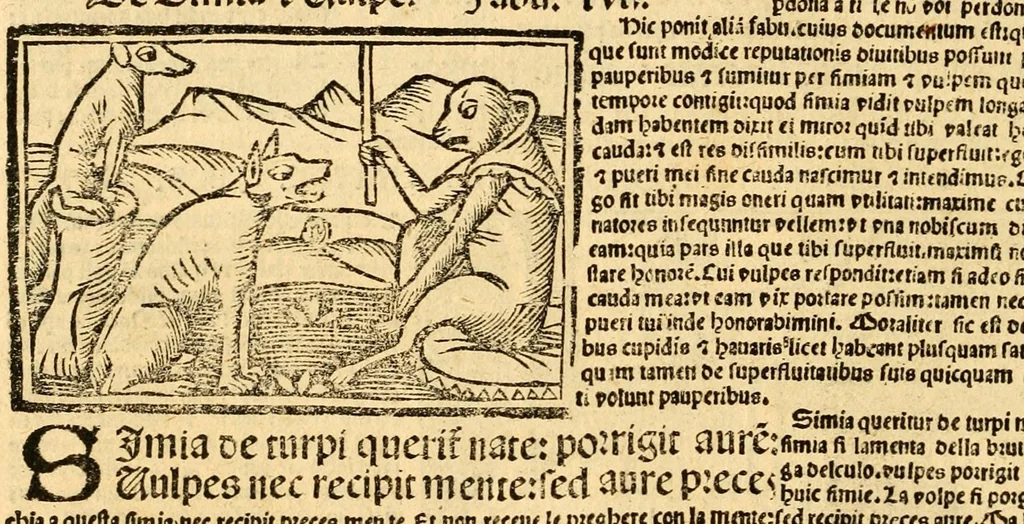 An illustration from Aesopi fabvlae cvm vvlgari interpretatione : et figuris nouissime omni cura, & diligentia emendatae, 1557, leaf 68