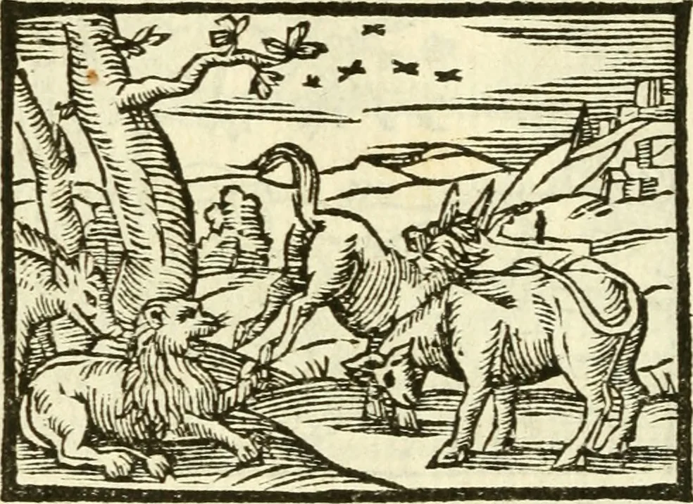 An illustration from Aesopi Phrigis Et Aliorvm Fabvlae. : Elegantissimis Iconibus illustratæ, & diligentius quàm antehac emendatæ, 1554, leaf 143