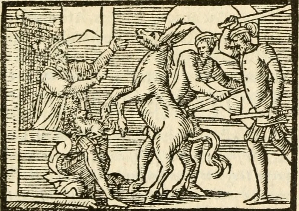 An illustration from Aesopi Phrigis Et Aliorvm Fabvlae. : Elegantissimis Iconibus illustratæ, & diligentius quàm antehac emendatæ, 1554, leaf 144