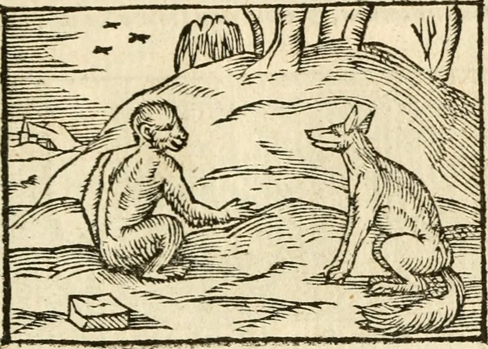 An illustration from Aesopi Phrigis Et Aliorvm Fabvlae. : Elegantissimis Iconibus illustratæ, & diligentius quàm antehac emendatæ, 1554, leaf 174