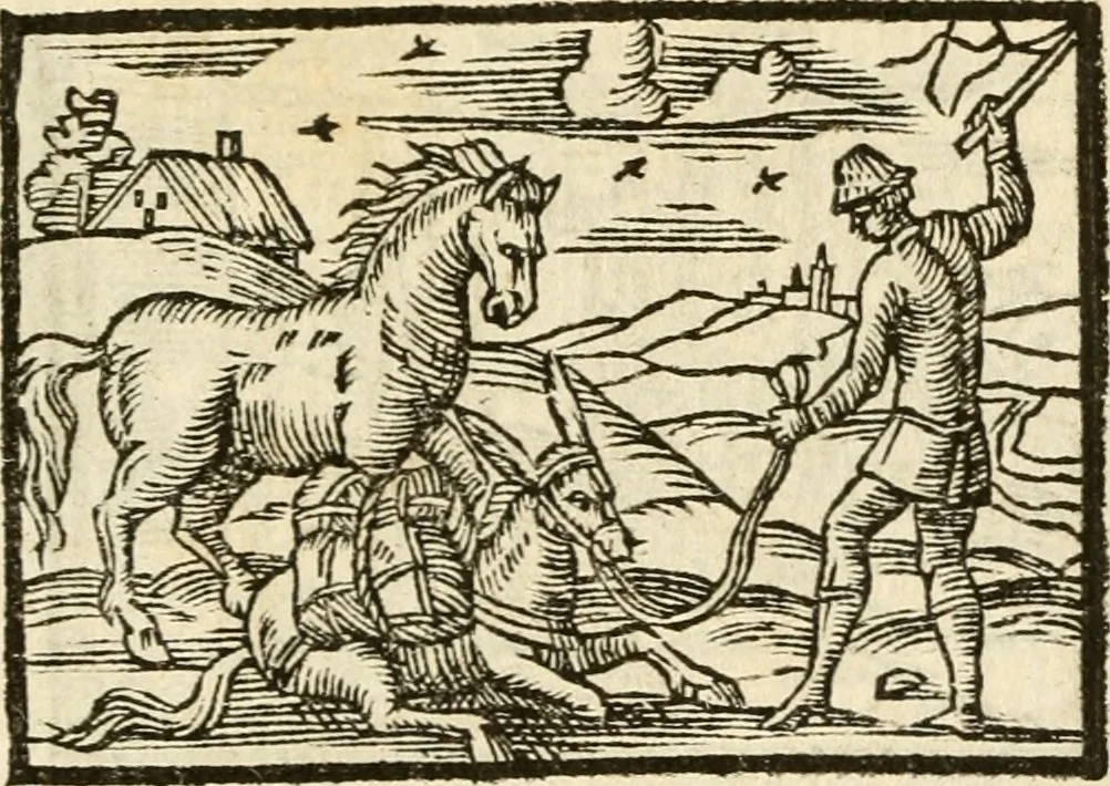 An illustration from Aesopi Phrigis Et Aliorvm Fabvlae. : Elegantissimis Iconibus illustratæ, & diligentius quàm antehac emendatæ, 1554, leaf 186