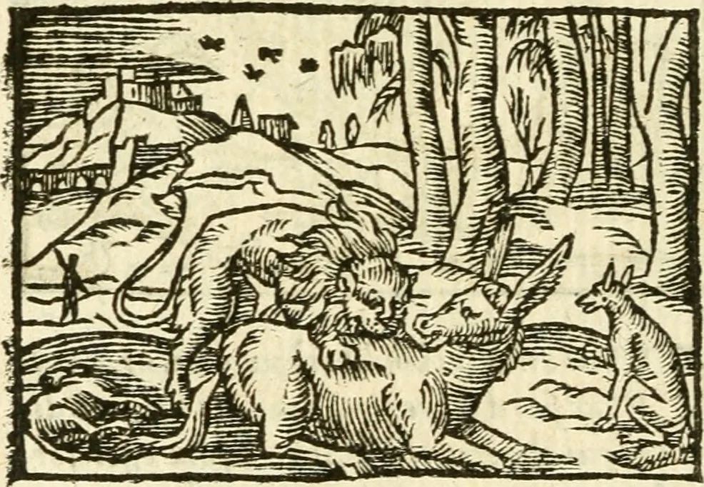 An illustration from Aesopi Phrigis Et Aliorvm Fabvlae. : Elegantissimis Iconibus illustratæ, & diligentius quàm antehac emendatæ, 1554, leaf 205