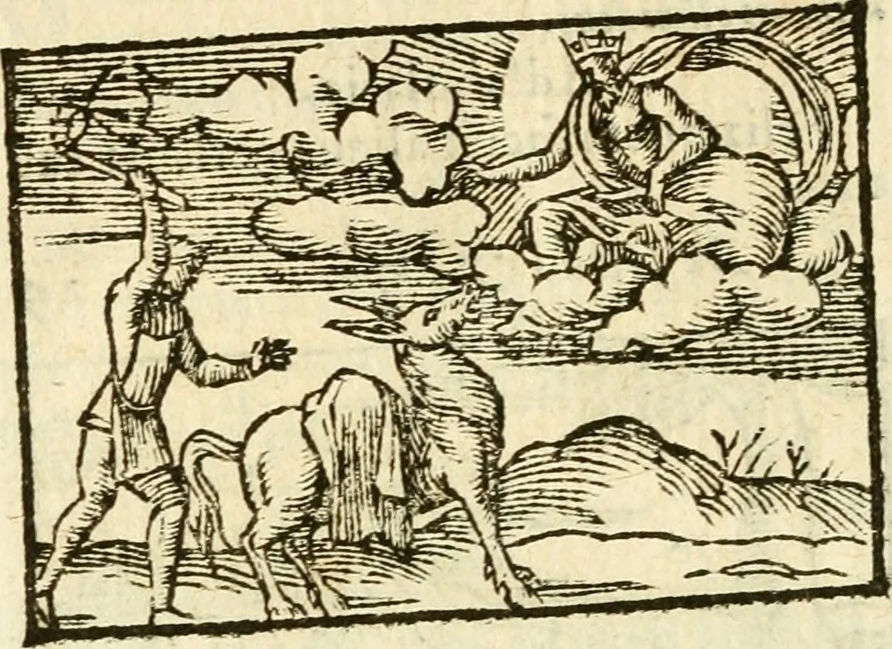 An illustration from Aesopi Phrigis Et Aliorvm Fabvlae. : Elegantissimis Iconibus illustratæ, & diligentius quàm antehac emendatæ, 1554, leaf 207