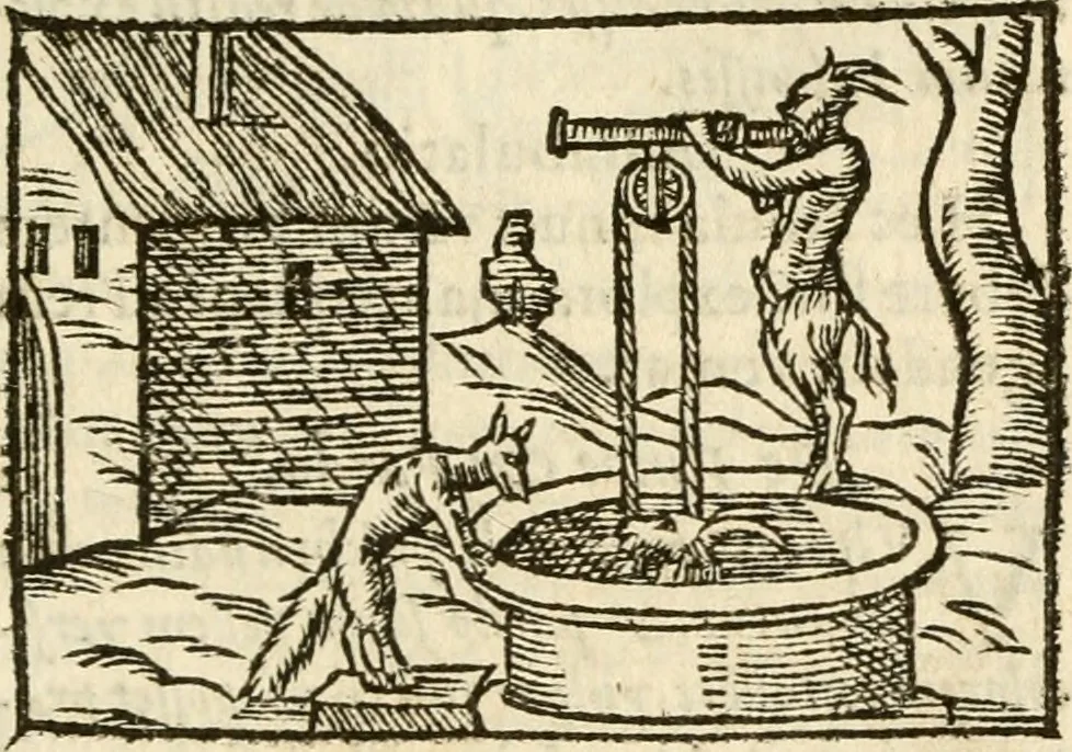 An illustration from Aesopi Phrigis Et Aliorvm Fabvlae. : Elegantissimis Iconibus illustratæ, & diligentius quàm antehac emendatæ, 1554, leaf 64