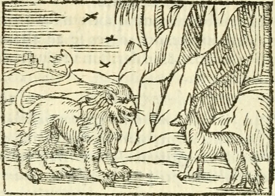 An illustration from Aesopi Phrigis Et Aliorvm Fabvlae. : Elegantissimis Iconibus illustratæ, & diligentius quàm antehac emendatæ, 1554, leaf 75