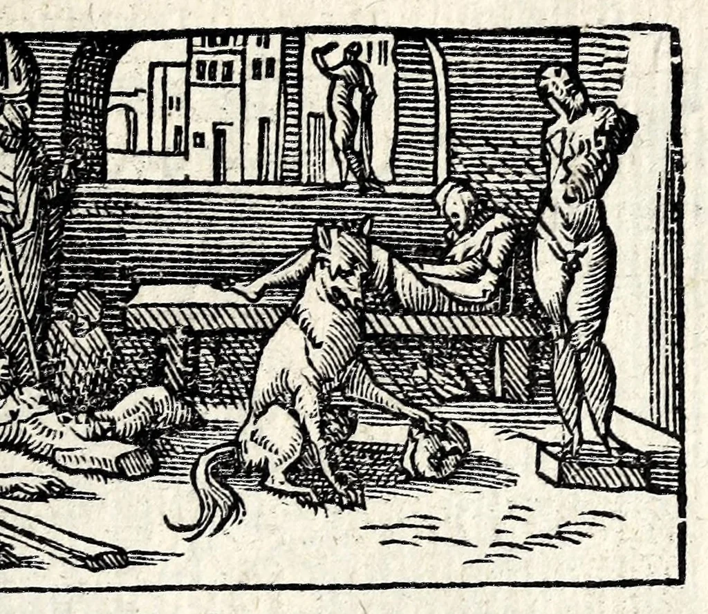 An illustration from Aesopi Phrygis Fabvlae : elegantissimis eiconibus ueras animalium species ad uiuum adumbrantes. Gabriae Graeci Fabellae XXXXIIII. Batrachomyomáchia Homeri, hoc est, Ranarum & murium pugna. Galeōmyomachía, hoc est, Felium & murium pugna, tragoedia graeca : haec omnia cum Latina interpretatione, 1551, leaf 145