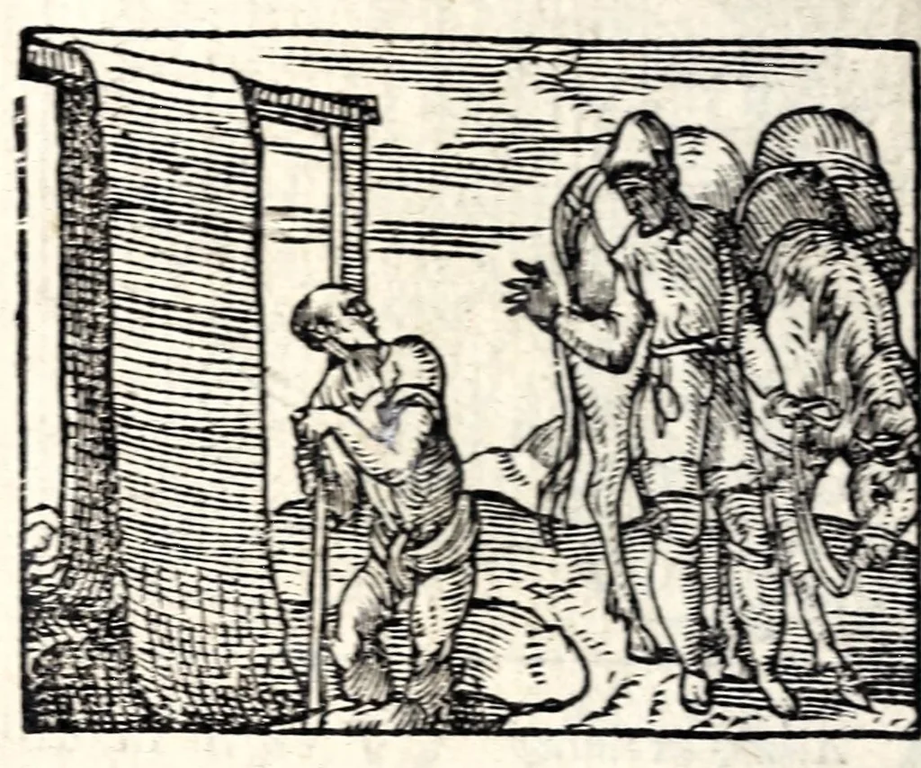 An illustration from Aesopi Phrygis Fabvlae : elegantissimis eiconibus ueras animalium species ad uiuum adumbrantes. Gabriae Graeci Fabellae XXXXIIII. Batrachomyomáchia Homeri, hoc est, Ranarum & murium pugna. Galeōmyomachía, hoc est, Felium & murium pugna, tragoedia graeca : haec omnia cum Latina interpretatione, 1551, leaf 146