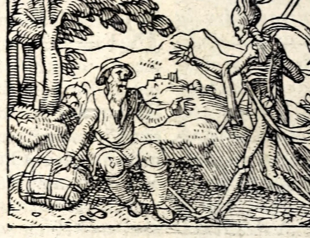 An illustration from Aesopi Phrygis Fabvlae : elegantissimis eiconibus ueras animalium species ad uiuum adumbrantes. Gabriae Graeci Fabellae XXXXIIII. Batrachomyomáchia Homeri, hoc est, Ranarum & murium pugna. Galeōmyomachía, hoc est, Felium & murium pugna, tragoedia graeca : haec omnia cum Latina interpretatione, 1551, leaf 154