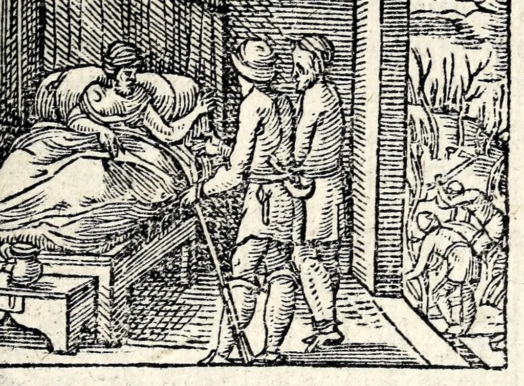 An illustration from Aesopi Phrygis Fabvlae : elegantissimis eiconibus ueras animalium species ad uiuum adumbrantes. Gabriae Graeci Fabellae XXXXIIII. Batrachomyomáchia Homeri, hoc est, Ranarum & murium pugna. Galeōmyomachía, hoc est, Felium & murium pugna, tragoedia graeca : haec omnia cum Latina interpretatione, 1551, leaf 157