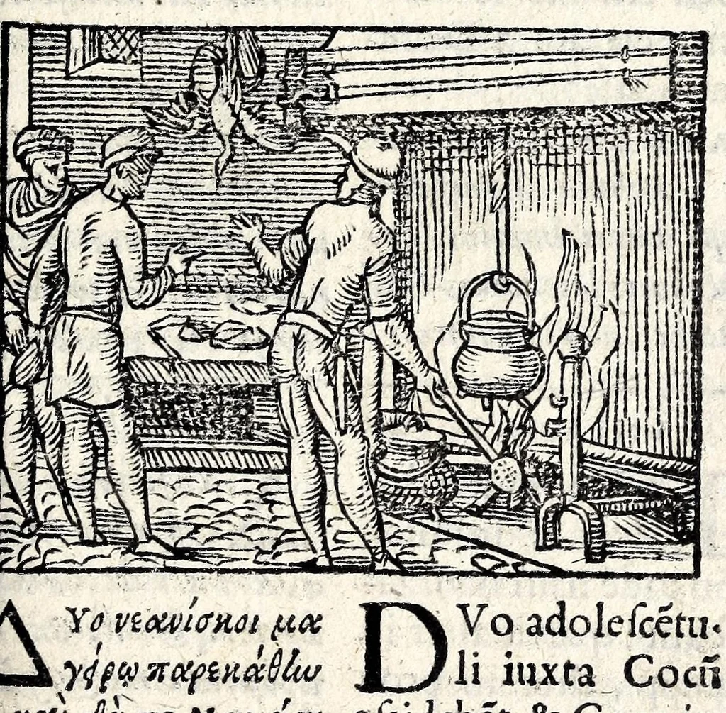 An illustration from Aesopi Phrygis Fabvlae : elegantissimis eiconibus ueras animalium species ad uiuum adumbrantes. Gabriae Graeci Fabellae XXXXIIII. Batrachomyomáchia Homeri, hoc est, Ranarum & murium pugna. Galeōmyomachía, hoc est, Felium & murium pugna, tragoedia graeca : haec omnia cum Latina interpretatione, 1551, leaf 161