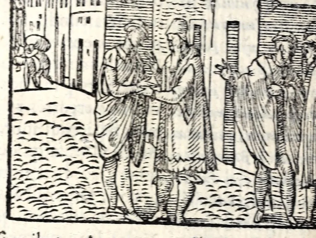 An illustration from Aesopi Phrygis Fabvlae : elegantissimis eiconibus ueras animalium species ad uiuum adumbrantes. Gabriae Graeci Fabellae XXXXIIII. Batrachomyomáchia Homeri, hoc est, Ranarum & murium pugna. Galeōmyomachía, hoc est, Felium & murium pugna, tragoedia graeca : haec omnia cum Latina interpretatione, 1551, leaf 178
