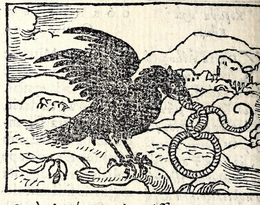 An illustration from Aesopi Phrygis Fabvlae : elegantissimis eiconibus ueras animalium species ad uiuum adumbrantes. Gabriae Graeci Fabellae XXXXIIII. Batrachomyomáchia Homeri, hoc est, Ranarum & murium pugna. Galeōmyomachía, hoc est, Felium & murium pugna, tragoedia graeca : haec omnia cum Latina interpretatione, 1551, leaf 240