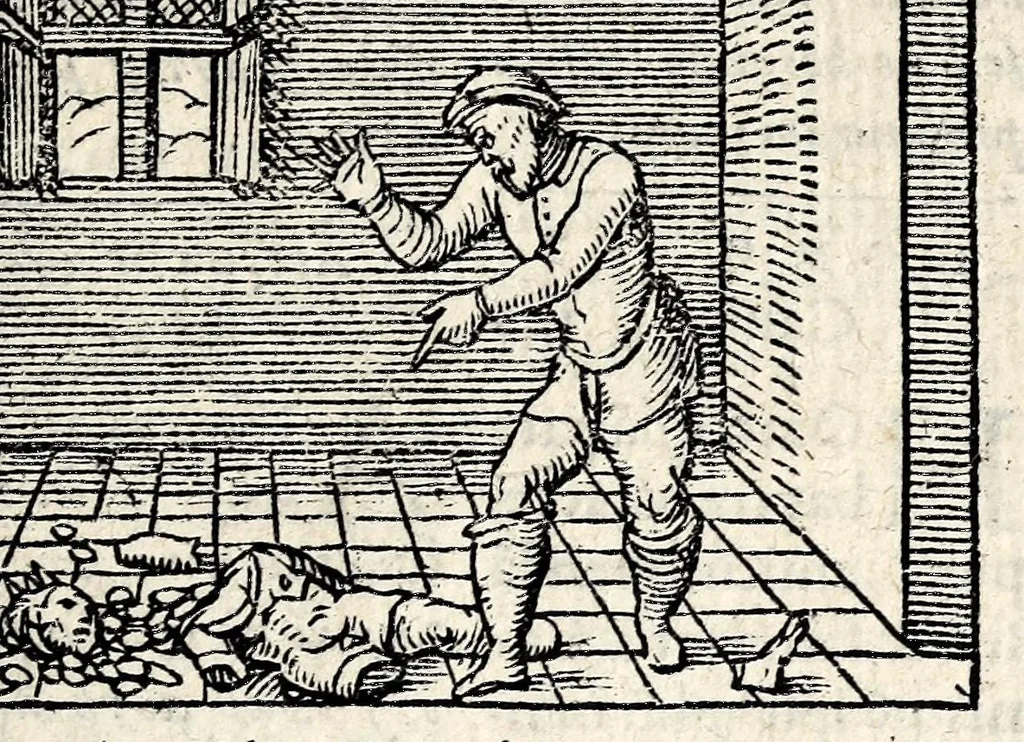 An illustration from Aesopi Phrygis Fabvlae : elegantissimis eiconibus ueras animalium species ad uiuum adumbrantes. Gabriae Graeci Fabellae XXXXIIII. Batrachomyomáchia Homeri, hoc est, Ranarum & murium pugna. Galeōmyomachía, hoc est, Felium & murium pugna, tragoedia graeca : haec omnia cum Latina interpretatione, 1551, leaf 267